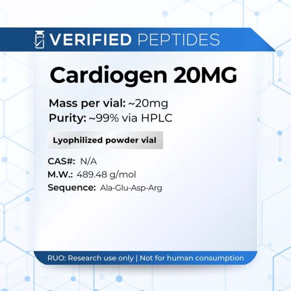A peptide information sheet for the Verified Peptides 10mg cardiogen peptide.
