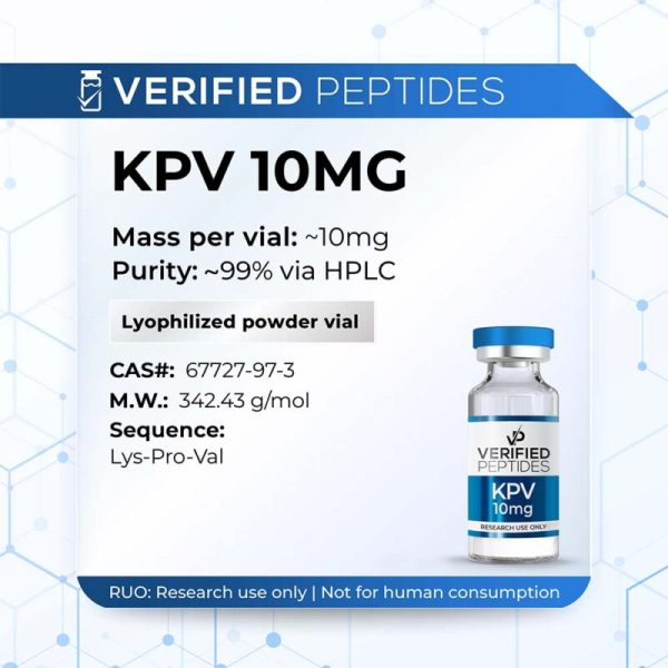 A peptide information sheet for the Verified Peptides 10mg KPV peptide.