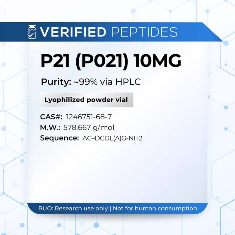 p21-10mg-800x800-5 A peptide information sheet for the Verified Peptides 10mg P21 peptide (P021).