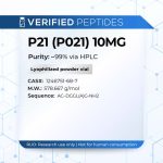 A peptide information sheet for the Verified Peptides 10mg P21 peptide (P021).