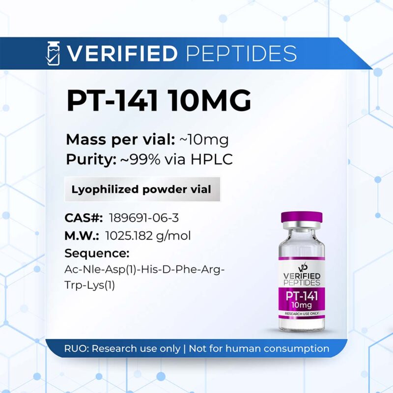 pt141-vial-800x800-5 A peptide information sheet for the Verified Peptides PT 141 for sale.